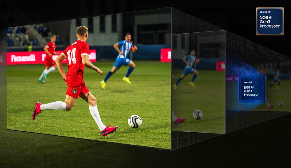 三星NQ8 AI Gen3芯片在分层屏幕后面运行。芯片上电后，效果会传播到分层屏幕，从而优化前端的图像。在足球比赛中，将足球、球员的球鞋及球衣的细节增强至较高的清晰度。